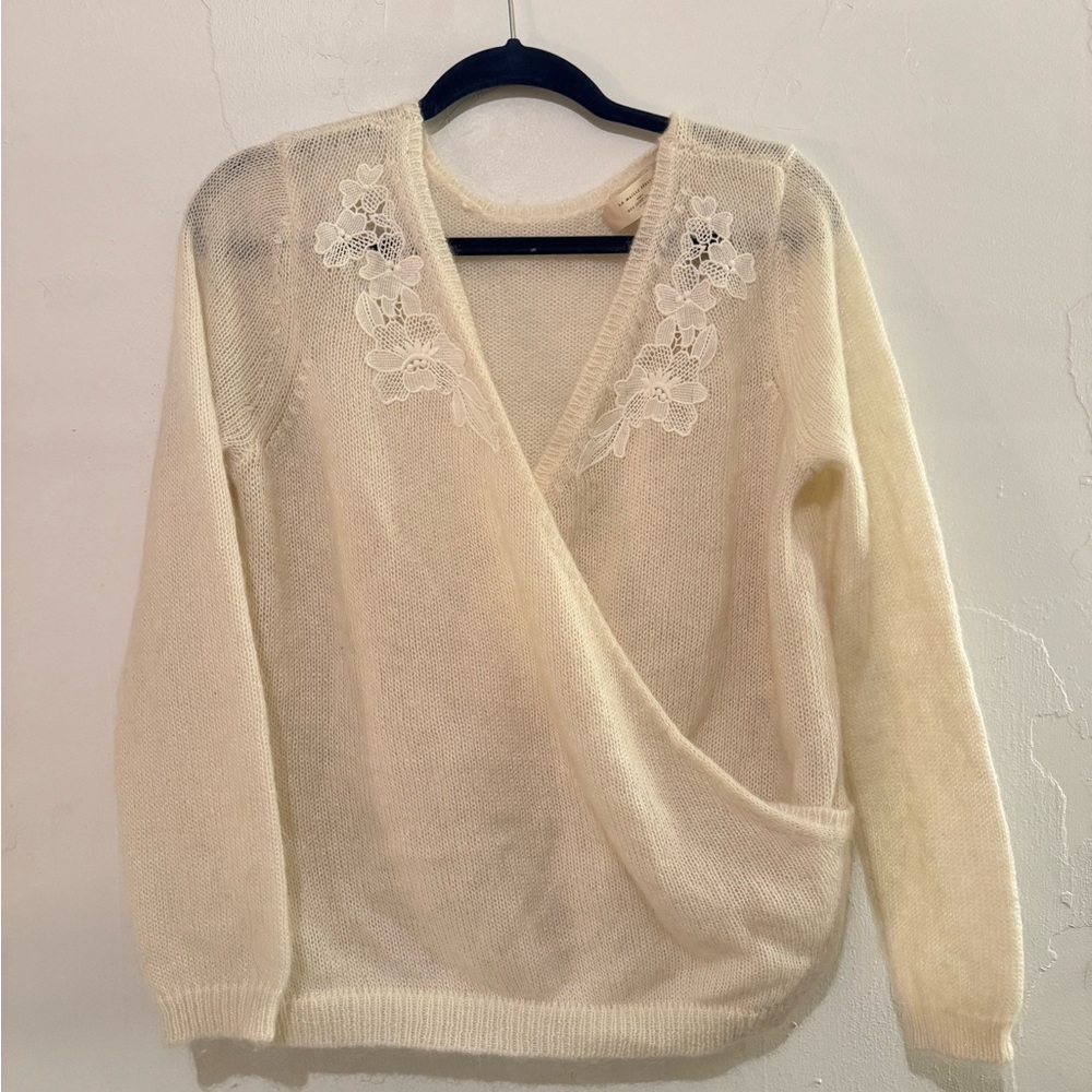 Sezane Creamy Off-White Sweater with Floral Embellishment